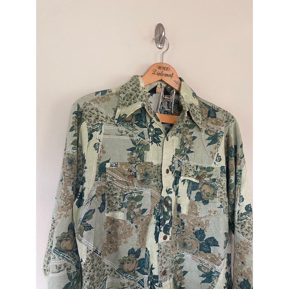 Vtg 1970s JCPenney Floral Men's Large Long Sleeve Snap Button Up Shirt Disco